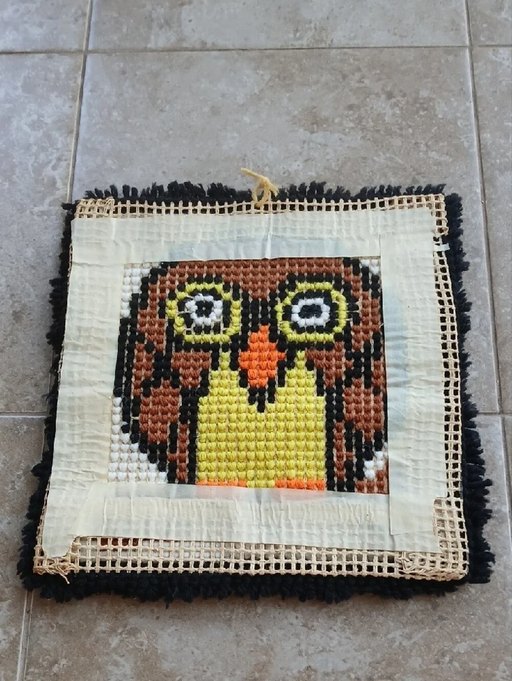 Vintage Handmade Owl Latch Hook Wall Decor 12x12